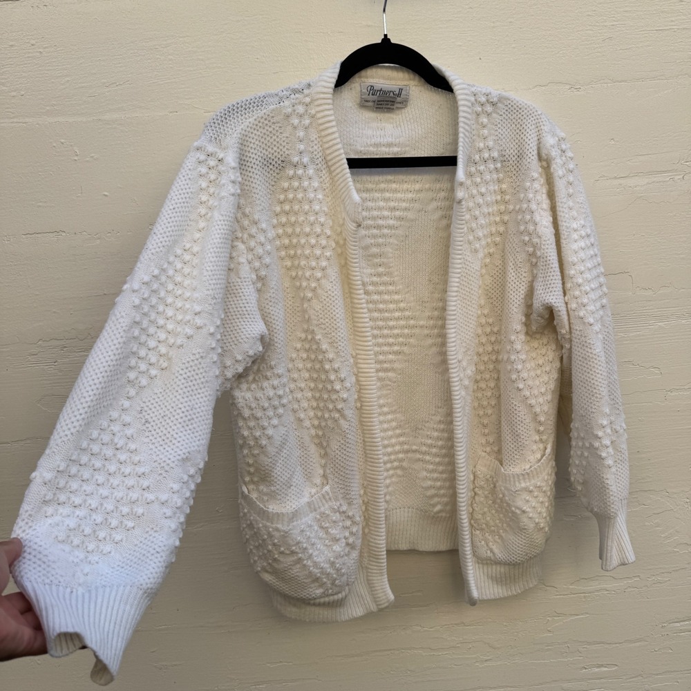 Partners Cardigan 40 Cream Vintage Popcorn Knit Diamond Open Front Pockets